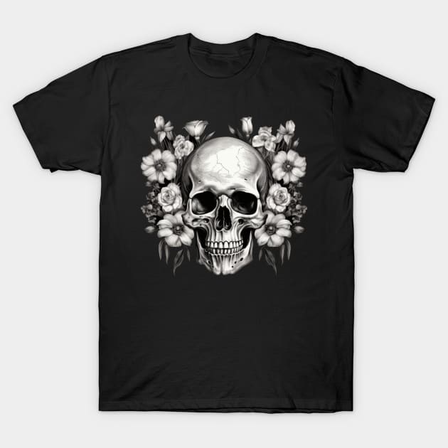 Skull with flowers T-Shirt by Merchgard